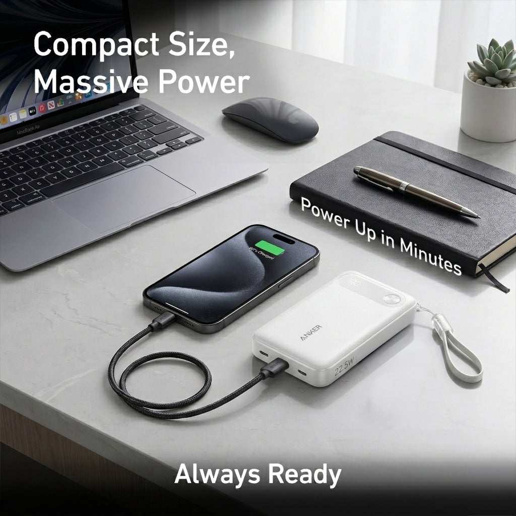 10000MAH Power Bank Fast Charging 22.5W with USB C Lanyard Cable by ANKER