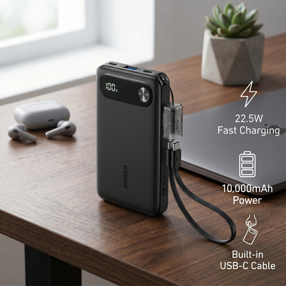 10000MAH Power Bank Fast Charging 22.5W with USB C Lanyard Cable by ANKER