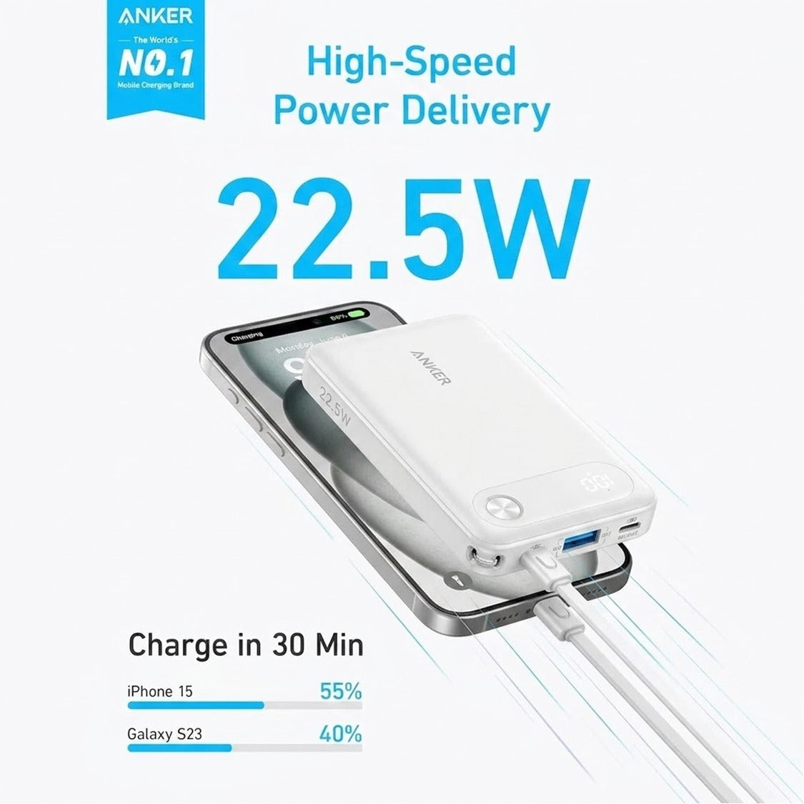 10000MAH Power Bank Fast Charging 22.5W with USB C Lanyard Cable by ANKER