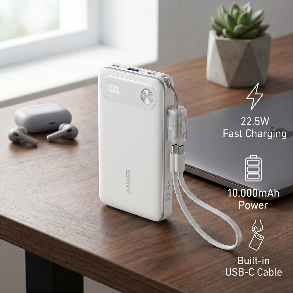 10000MAH Power Bank Fast Charging 22.5W with USB C Lanyard Cable by ANKER