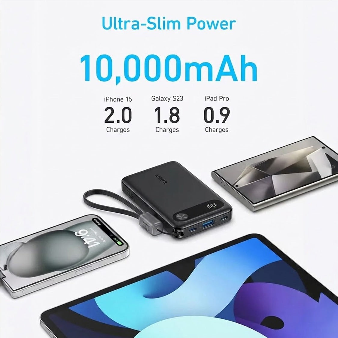 10000MAH Power Bank Fast Charging 22.5W with USB C Lanyard Cable by ANKER