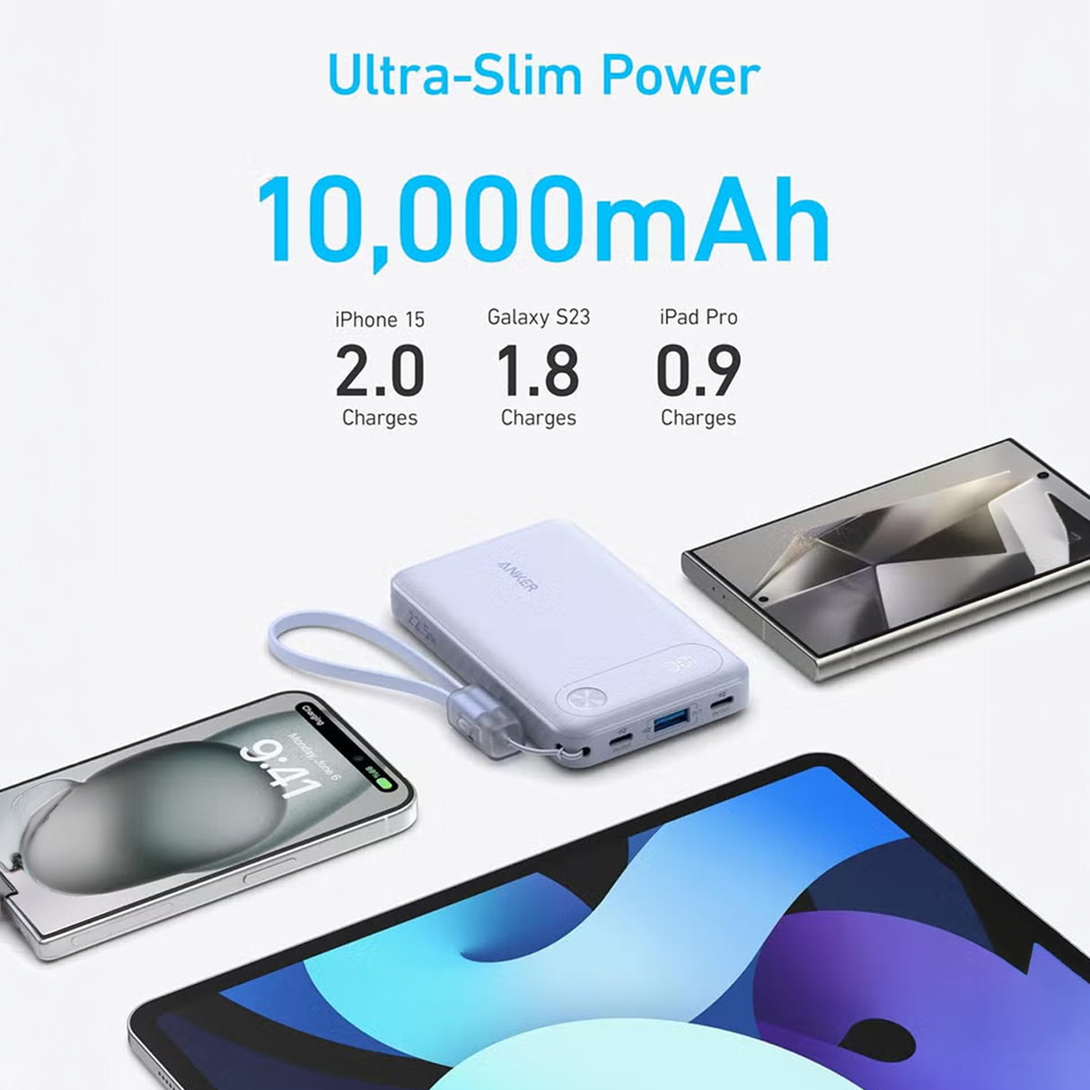 10000MAH Power Bank Fast Charging 22.5W with USB C Lanyard Cable by ANKER