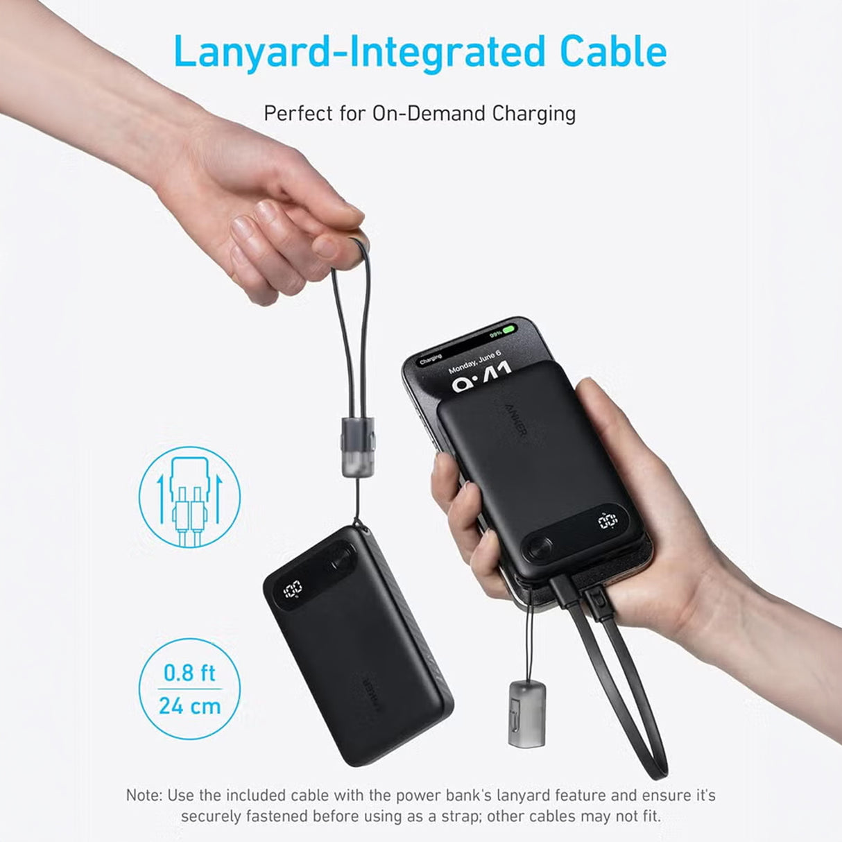 10000MAH Power Bank Fast Charging 22.5W with USB C Lanyard Cable by ANKER
