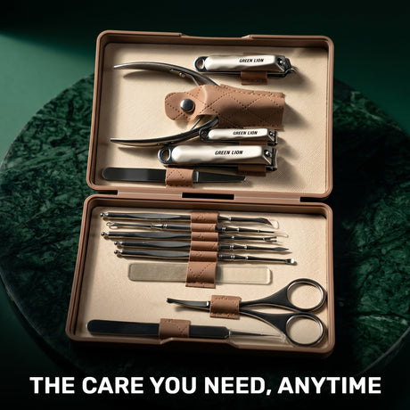 13-in-1 Manicure Kit – Stainless Steel Nail Care & Grooming Set with Storage Case by Green Lion