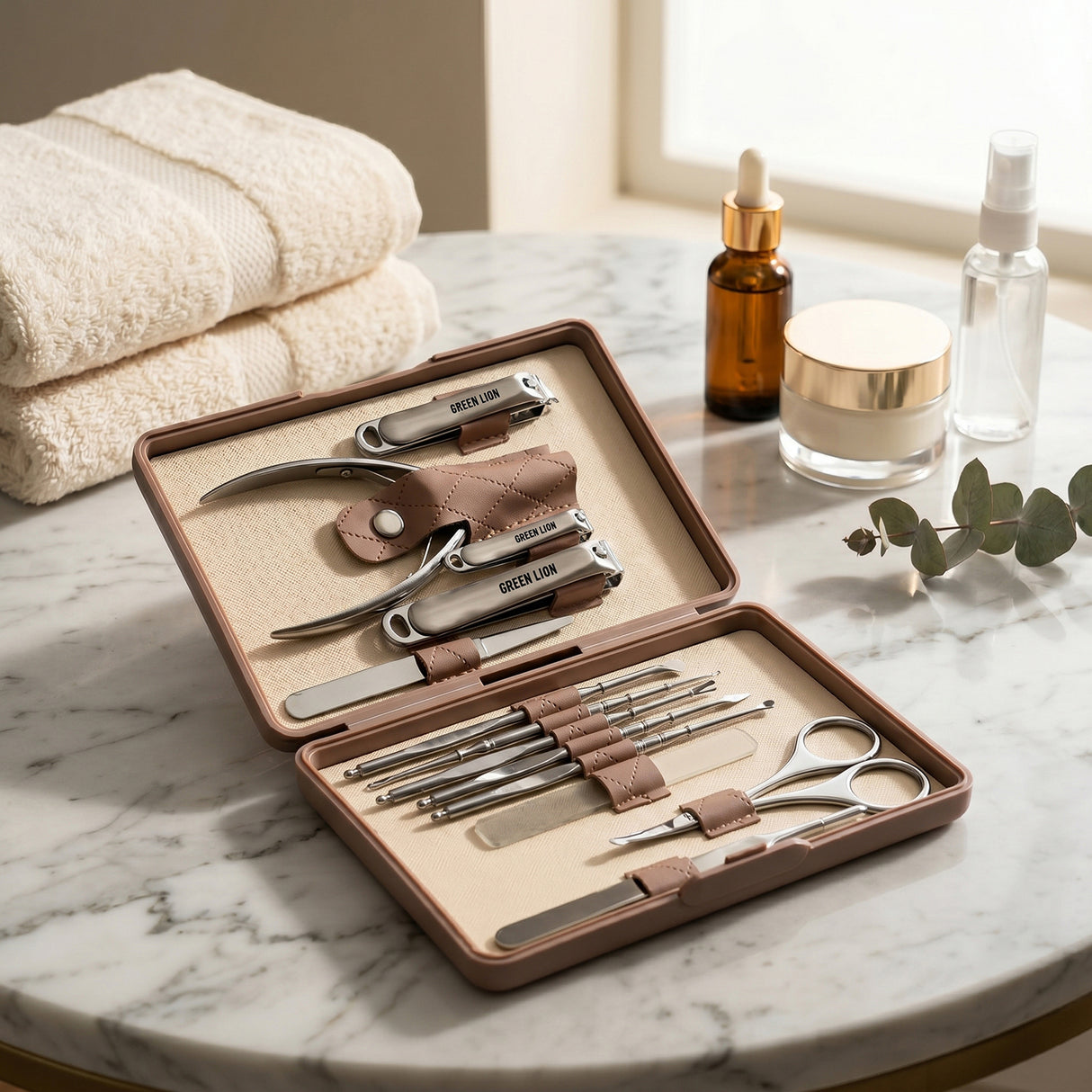 13-in-1 Manicure Kit – Stainless Steel Nail Care & Grooming Set with Storage Case by Green Lion
