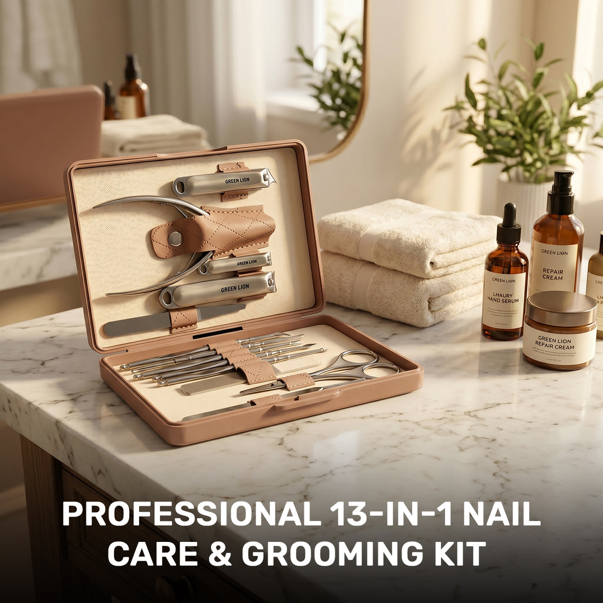 13-in-1 Manicure Kit – Stainless Steel Nail Care & Grooming Set with Storage Case by Green Lion