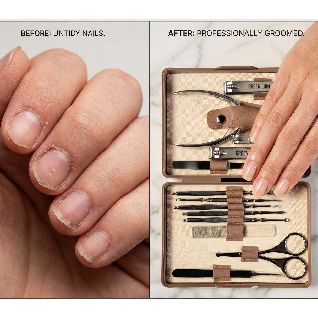 13-in-1 Manicure Kit – Stainless Steel Nail Care & Grooming Set with Storage Case by Green Lion