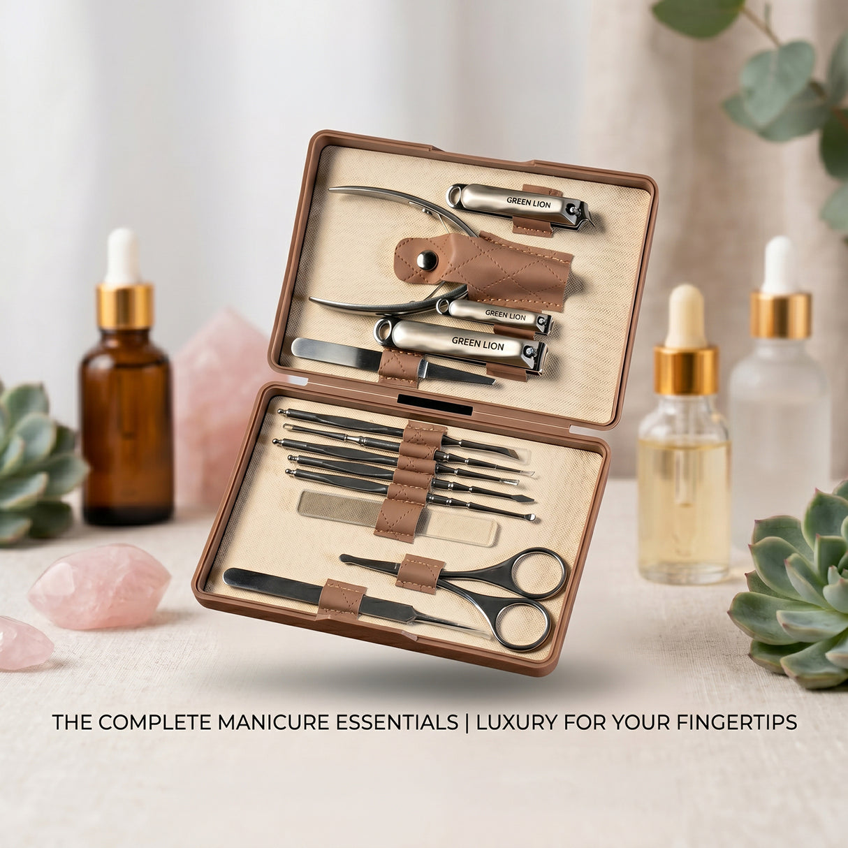 13-in-1 Manicure Kit – Stainless Steel Nail Care & Grooming Set with Storage Case by Green Lion