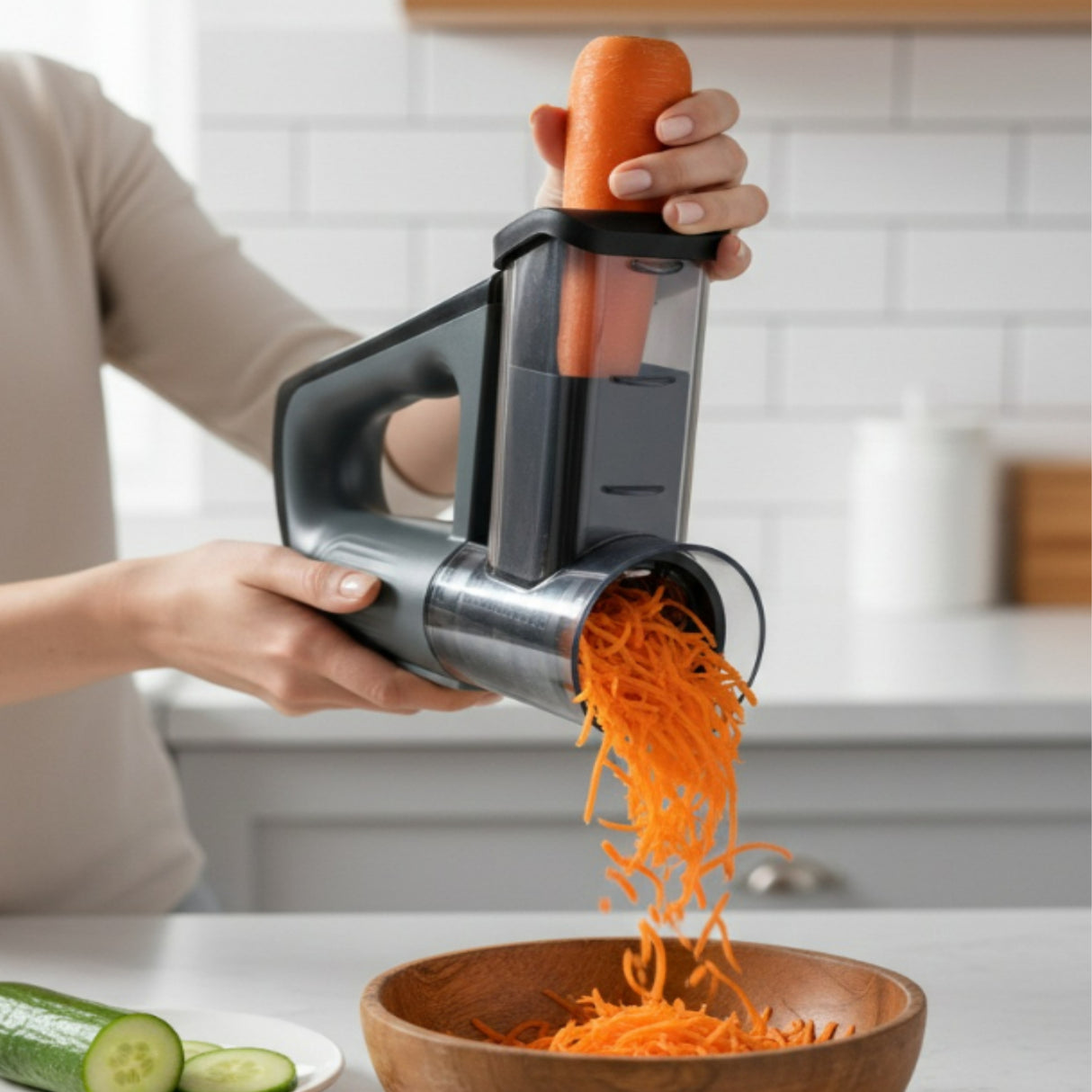 قطّاعة خضروات كهربائية ذكية 5 في 1 مع شاشة رقمية – قطّاعة وشرّاحة ومبشرة طعام قابلة لإعادة الشحن مع وعاء تخزين