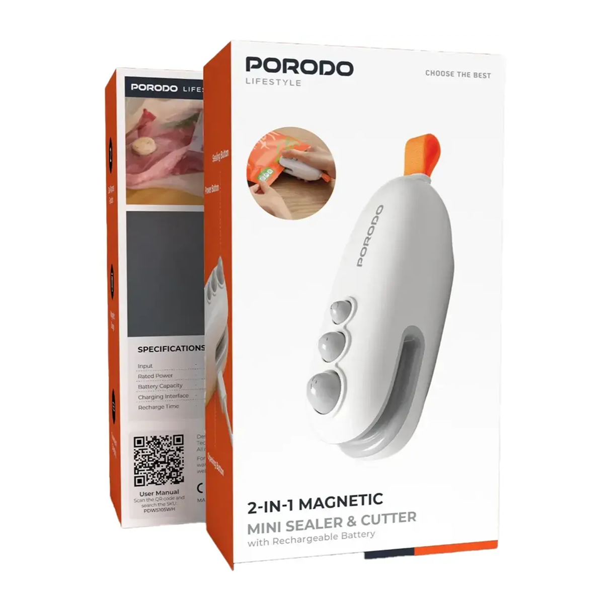 2-in-1 Magnetic Mini Sealer & Cutter with Rechargeable Battery – White by Porodo