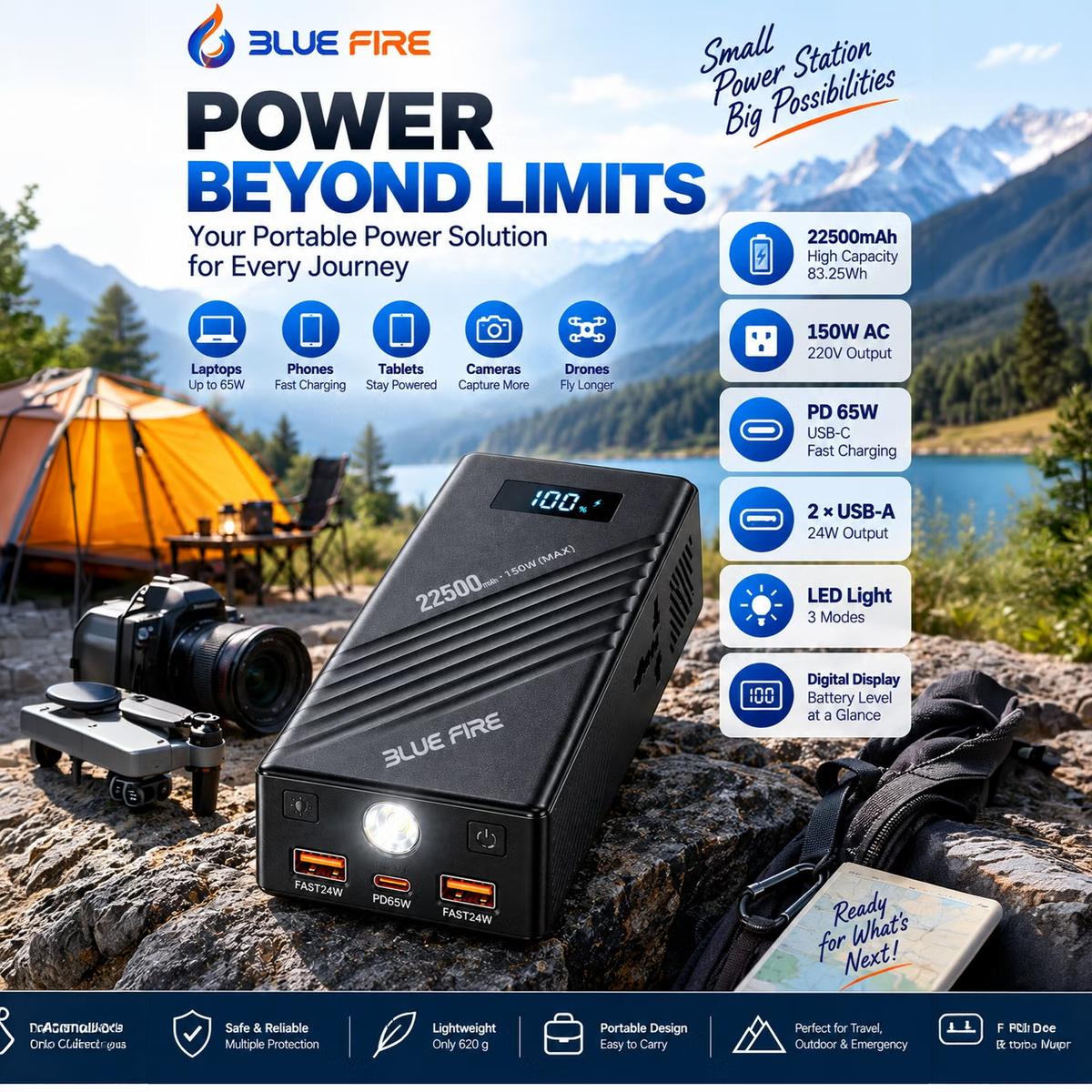باور بانك محمول بسعة 22500mAh وقدرة تشغيل 150W وذروة 300W وشحن سريع ثنائي الاتجاه 65W و4 منافذ ومصباح LED SOS من Blue Fire