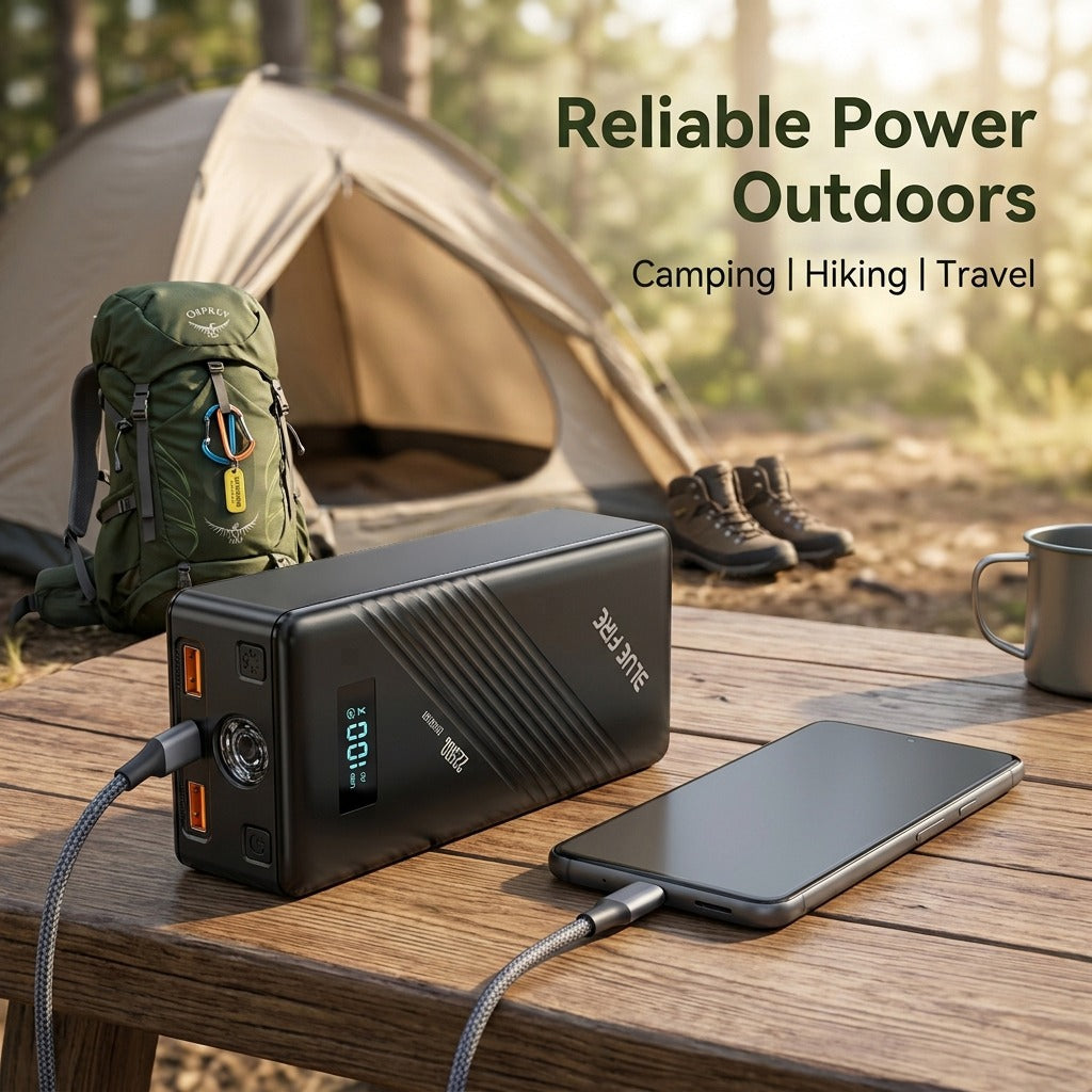 باور بانك محمول بسعة 22500mAh وقدرة تشغيل 150W وذروة 300W وشحن سريع ثنائي الاتجاه 65W و4 منافذ ومصباح LED SOS من Blue Fire