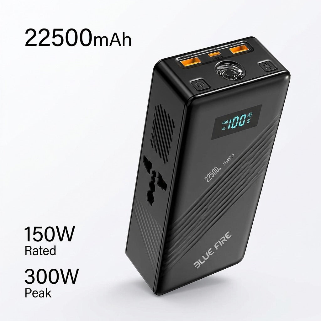 باور بانك محمول بسعة 22500mAh وقدرة تشغيل 150W وذروة 300W وشحن سريع ثنائي الاتجاه 65W و4 منافذ ومصباح LED SOS من Blue Fire
