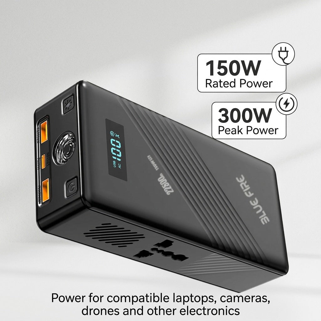 باور بانك محمول بسعة 22500mAh وقدرة تشغيل 150W وذروة 300W وشحن سريع ثنائي الاتجاه 65W و4 منافذ ومصباح LED SOS من Blue Fire