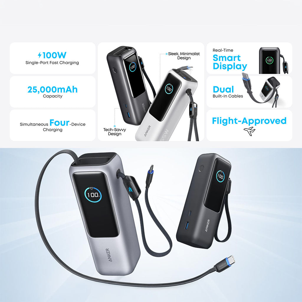 25000mAh Power Bank With 165W Fast Multi-Device USB-C Charging and Built-In Retractable Cables for Smart devices by Anker