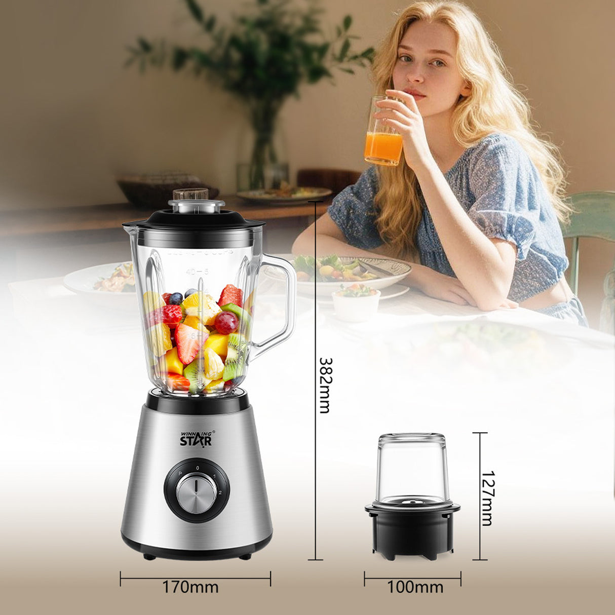 2-in-1 Blender & Grinder – 1.5L Glass Blender with Grinding Cup, 350W Copper Motor & 6 Stainless Steel Blades by Winning Star