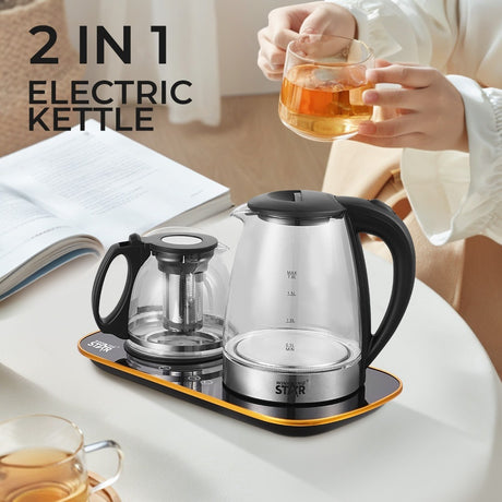 2-in-1 Electric Kettle & Glass Tea Maker Set, 1.8L Glass Water Kettle + 1.2L Tea Pot with Tea Infuser, Touch Control & Temperature Presets by Winning Star
