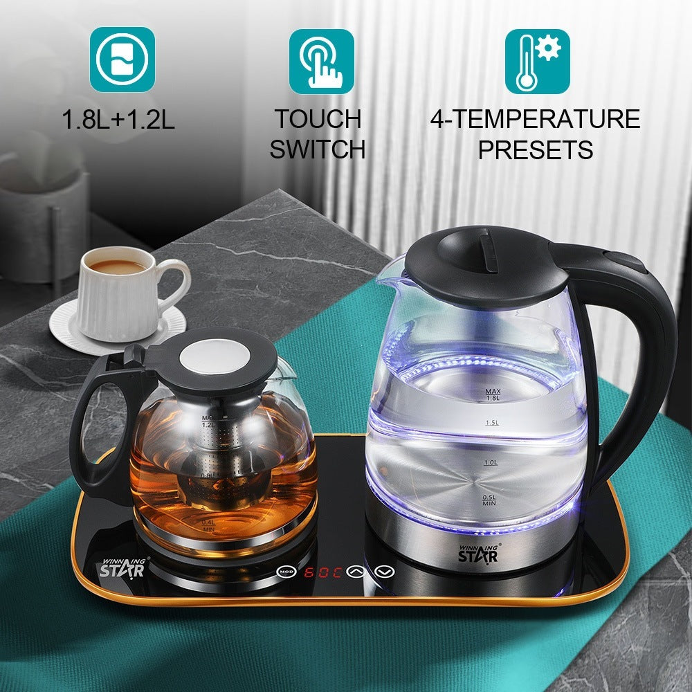 2-in-1 Electric Kettle & Glass Tea Maker Set, 1.8L Glass Water Kettle + 1.2L Tea Pot with Tea Infuser, Touch Control & Temperature Presets by Winning Star