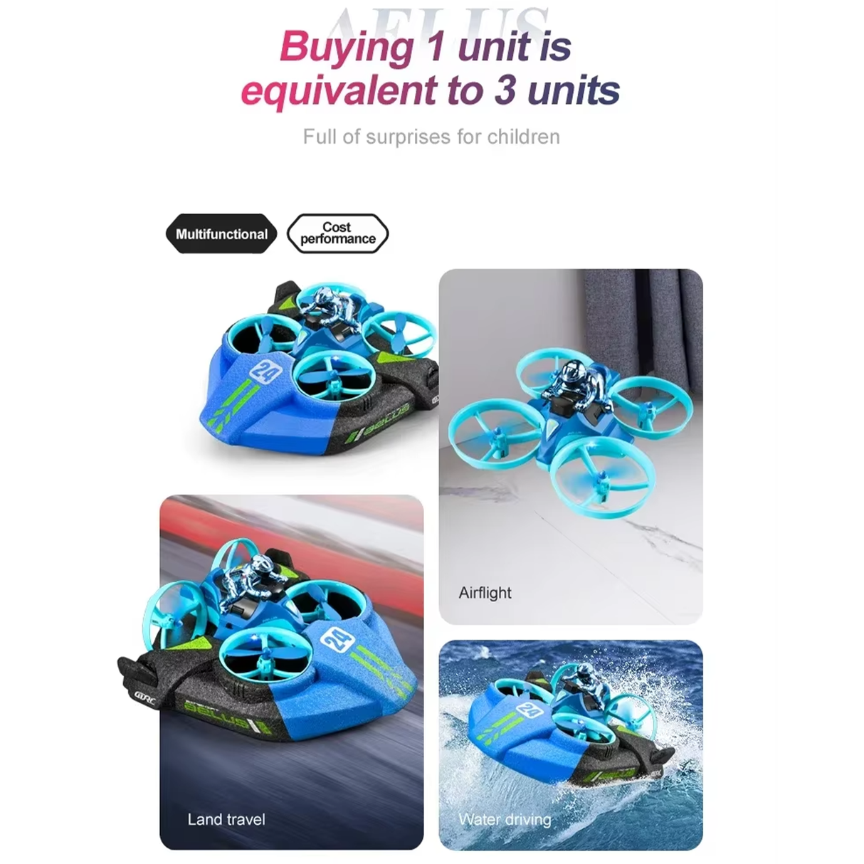 3-in-1 RC Hovercraft Boat Drone Race Car Toy