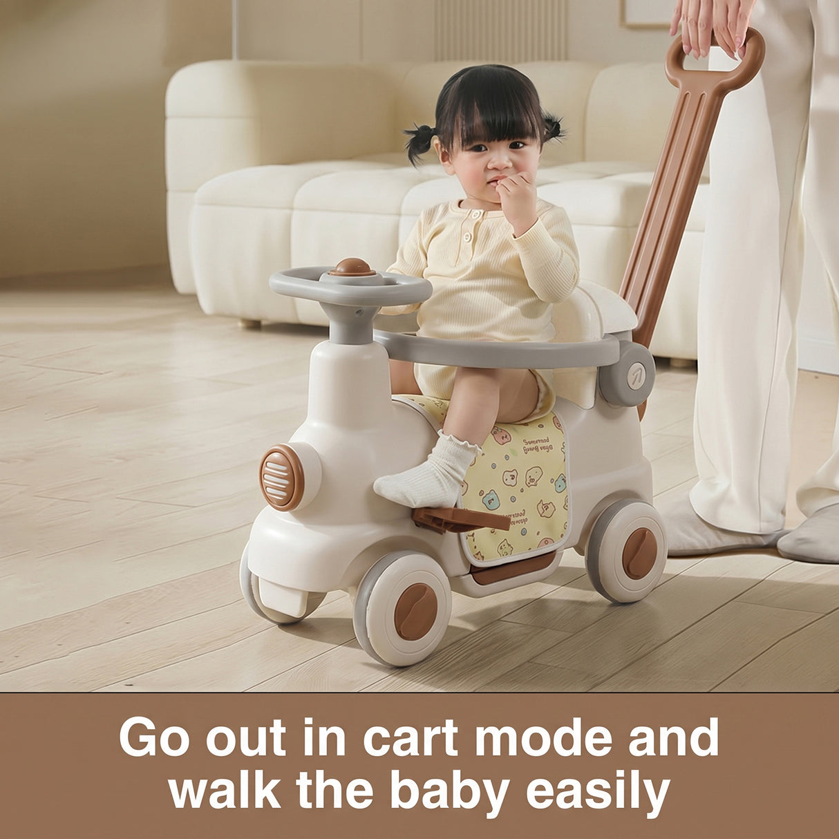 3-in-1 Rocking Train Carriage Ride-On Toy for Toddlers with Safety Guardrail, Silent Wheels & Push Handle