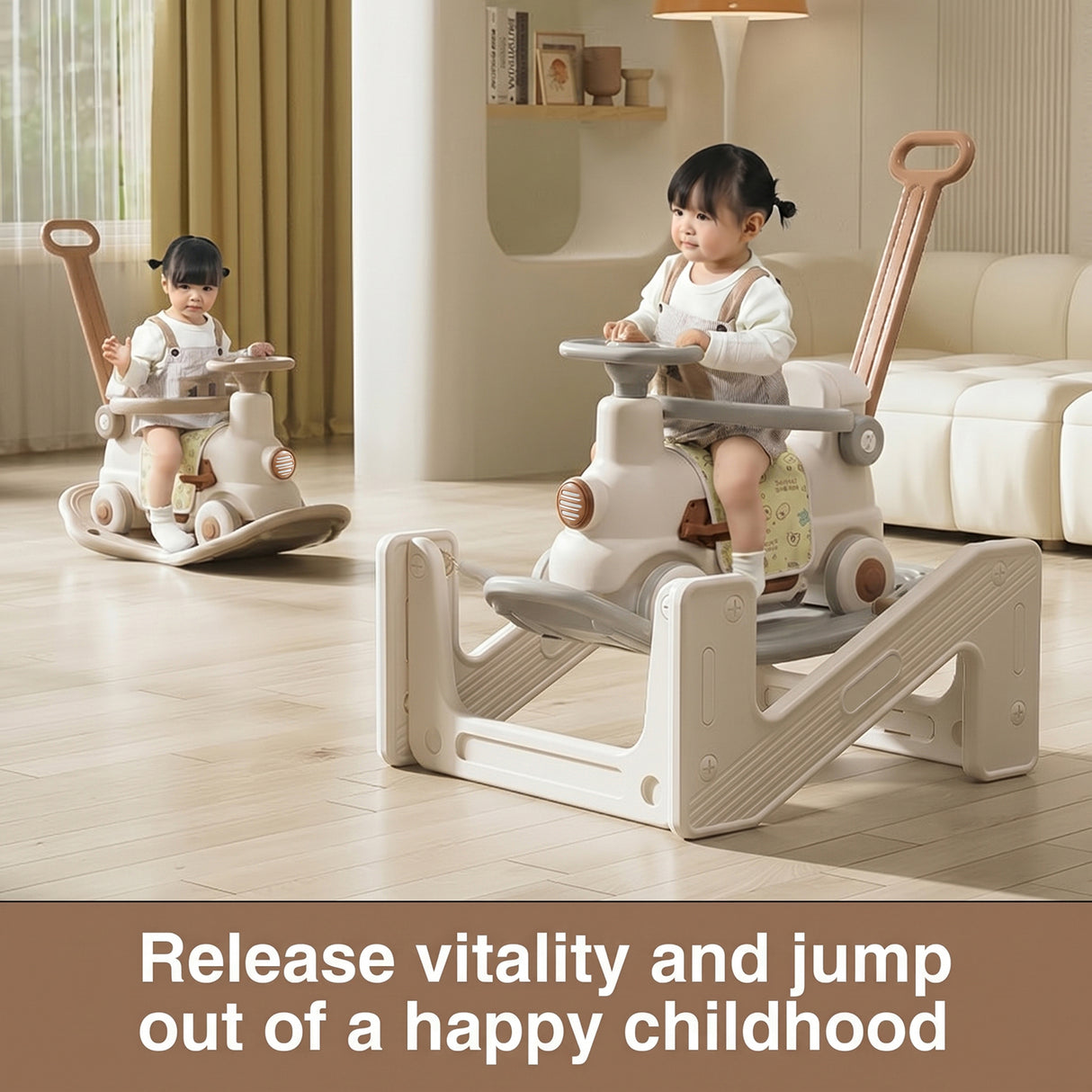 3-in-1 Rocking Train Carriage Ride-On Toy for Toddlers with Safety Guardrail, Silent Wheels & Push Handle