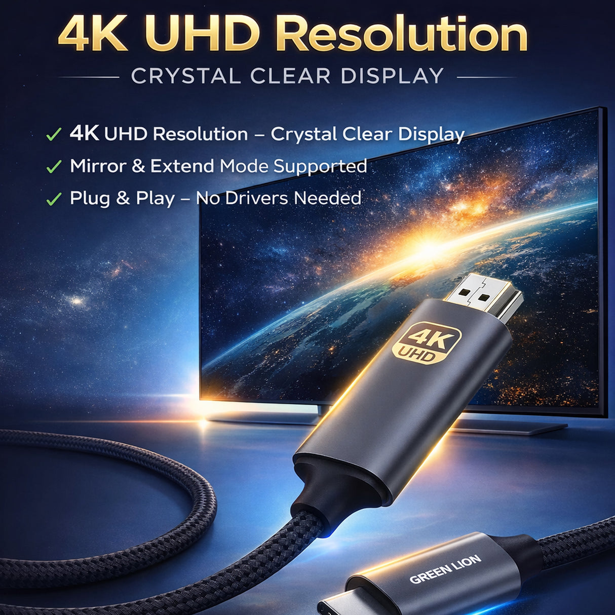 كابل USB-C إلى HDMI بدقة 4K بطول 2 متر، كابل عرض مقاوم للتشابك مع وضع النسخ والتمديد من Green Lion