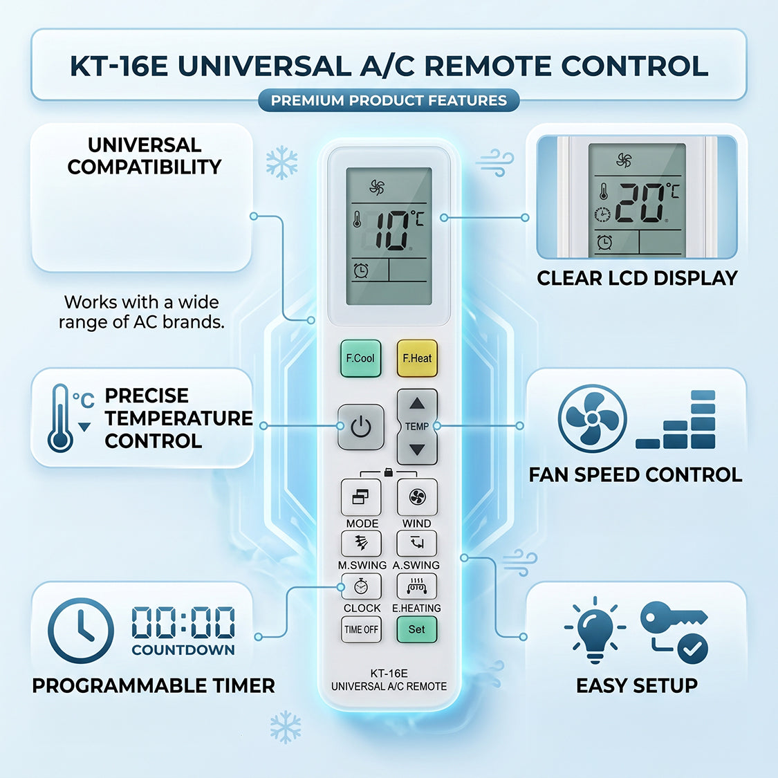 ريموت تحكم عالمي للمكيف KT-16E مع شاشة LCD رقمية، متوافق مع معظم ماركات أجهزة التكييف