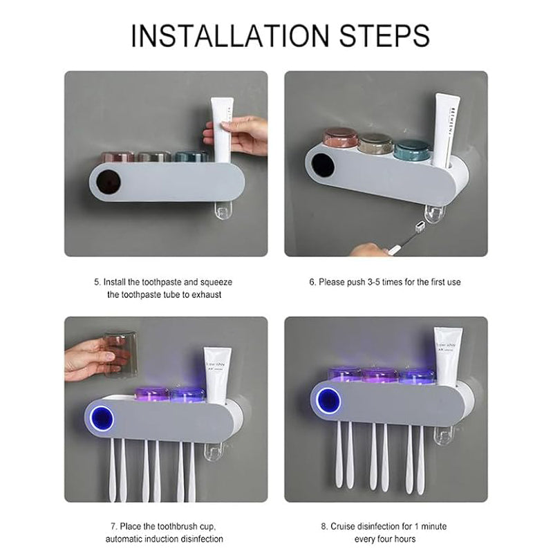 حامل فرشاة الأسنان الكهربائية المثبت على الحائط مع 3 أكواب، معقم للأشعة فوق البنفسجية وموزع معجون أسنان - منظم حمام ذكي من ECOCO
