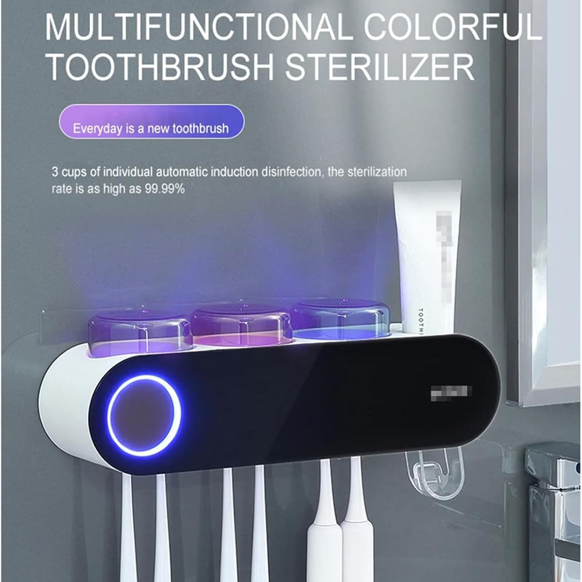 حامل فرشاة الأسنان الكهربائية المثبت على الحائط مع 3 أكواب، معقم للأشعة فوق البنفسجية وموزع معجون أسنان - منظم حمام ذكي من ECOCO