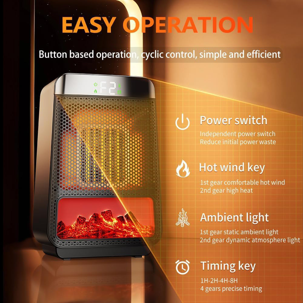  مدفأة كهربائية صغيرة مزودة بمنظم حرارة - مدفأة سيراميك سريعة التسخين مع إضاءة محيطة ديناميكية