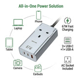 مقبس طاقة تيار متردد بقدرة 67 واط بتقنية GaN بريميوم مع قابس بريطاني، موزع شحن سريع مزود بمنافذ USB-C و USB-A من Green Lion