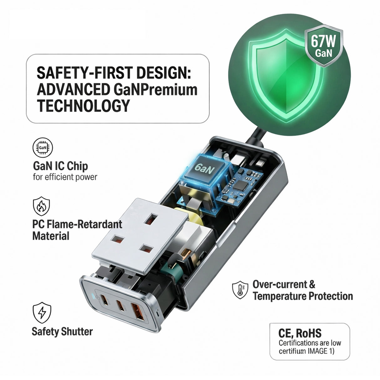 مقبس طاقة تيار متردد بقدرة 67 واط بتقنية GaN بريميوم مع قابس بريطاني، موزع شحن سريع مزود بمنافذ USB-C و USB-A من Green Lion