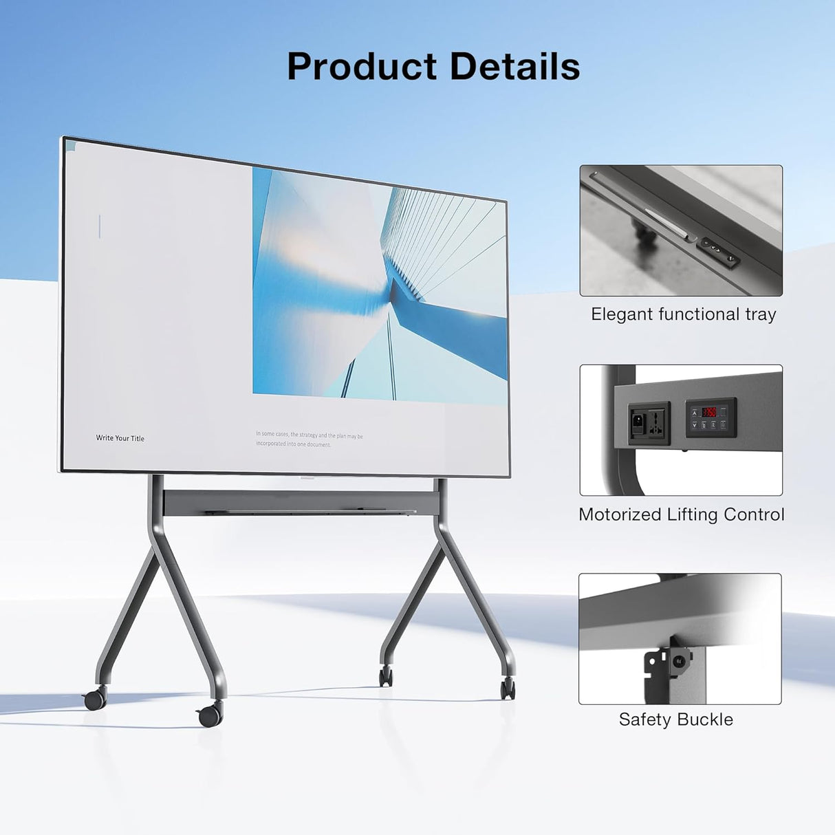 عربة تلفزيون متحركة بمحرك، حامل رفع كهربائي عالي التحمل لشاشة تلفزيون بحد أقصى 110 بوصة أو لوحة ذكية