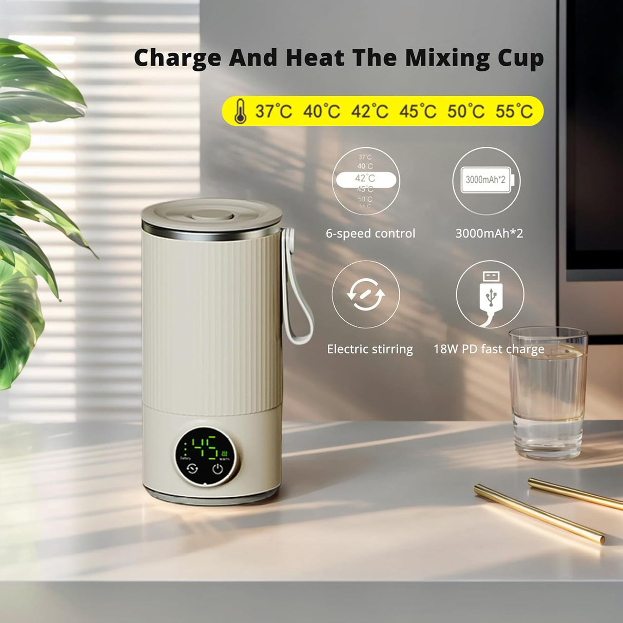 Electric Milk Warmer and Mixer – Portable 300mL Cup, 6 Temperature Levels, Great for Coffee by VVU&CCO