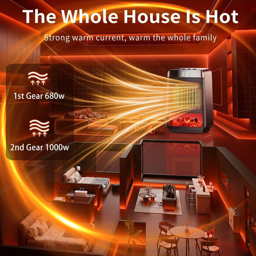  مدفأة كهربائية صغيرة مزودة بمنظم حرارة - مدفأة سيراميك سريعة التسخين مع إضاءة محيطة ديناميكية