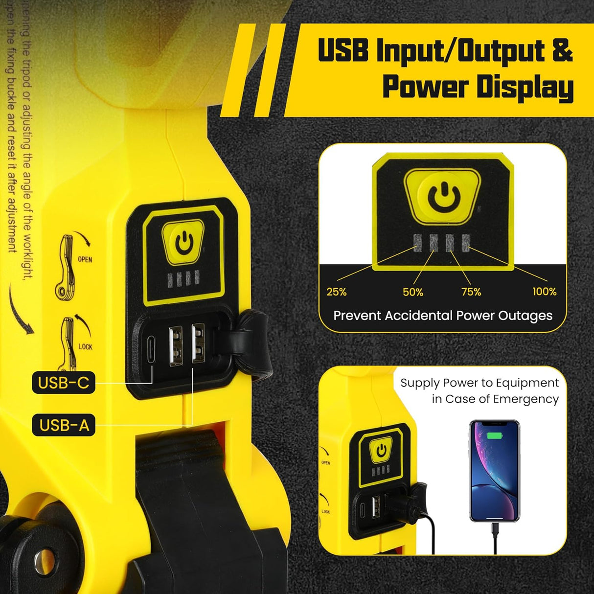 مصباح عمل LED قابل لإعادة الشحن - 8000 لومن، لاسلكي، قابل للتعتيم، محمول.