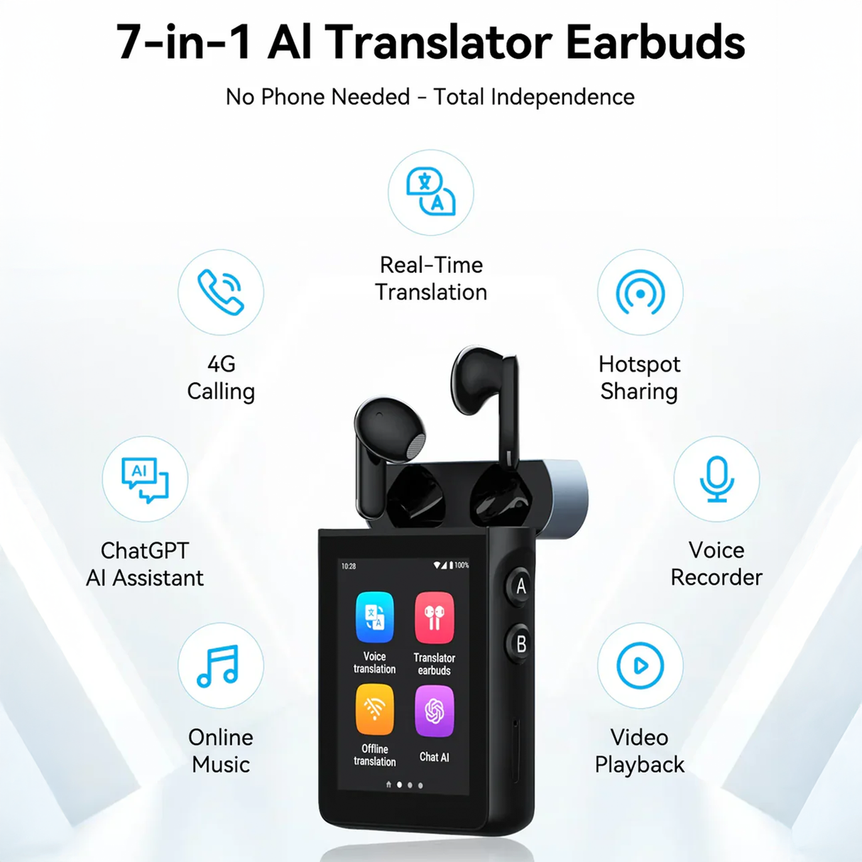 A9 7-in-1 Translator Earbuds with AI Translation, 4G + SIM, Bluetooth 5.3 & Touch Screen by Wooask