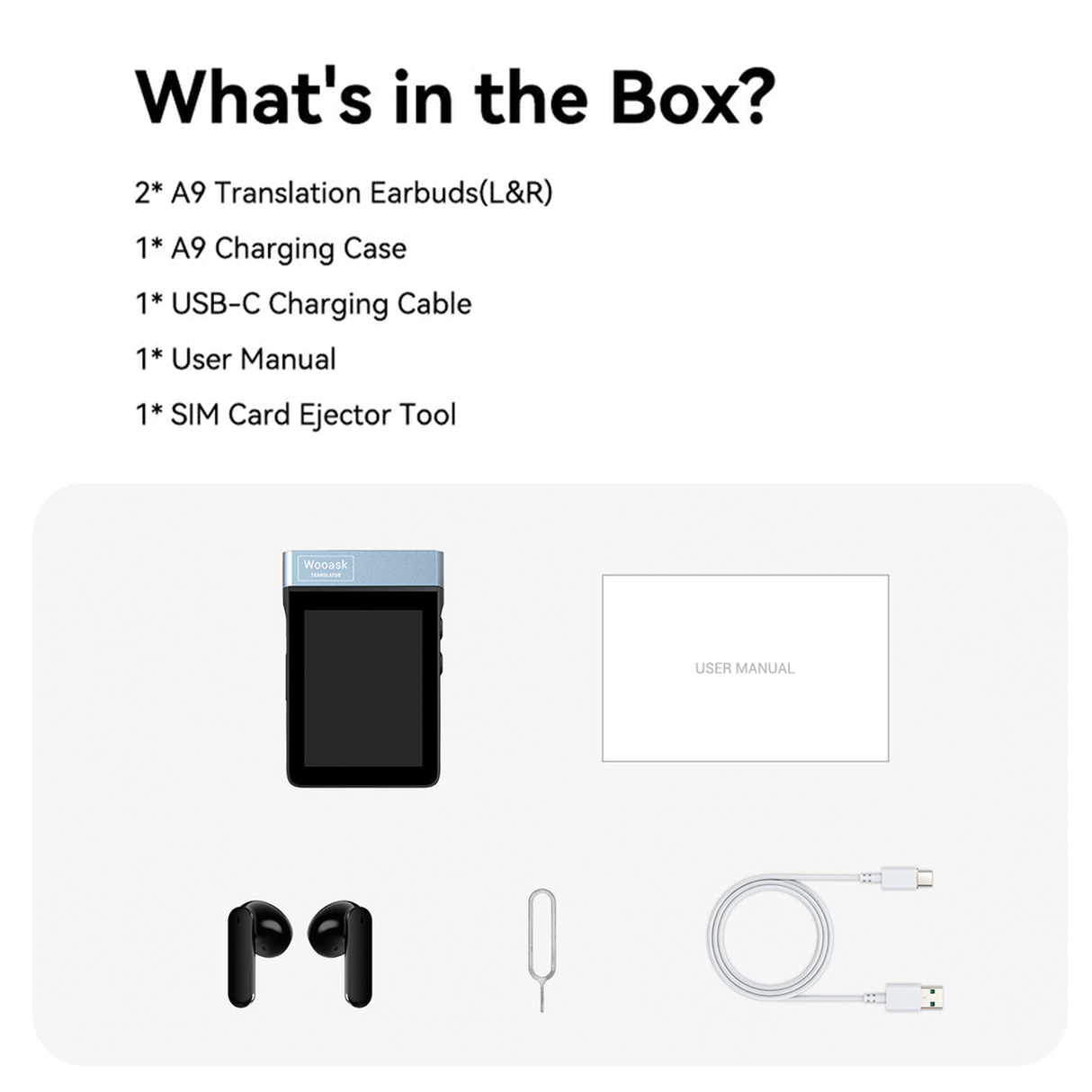 A9 7-in-1 Translator Earbuds with AI Translation, 4G + SIM, Bluetooth 5.3 & Touch Screen by Wooask