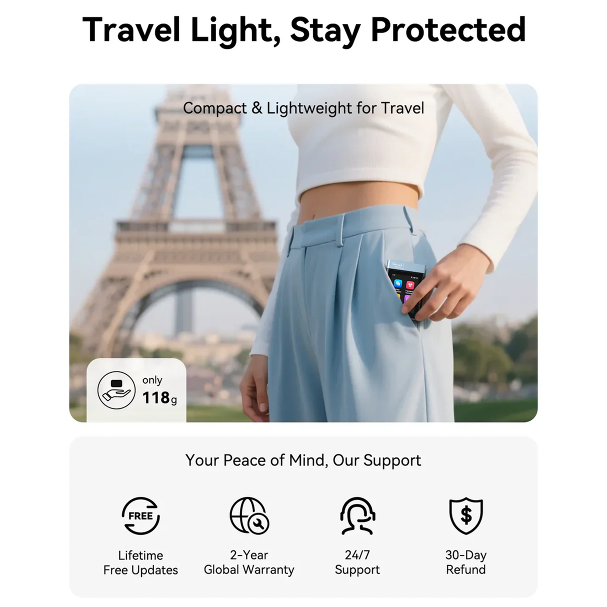 A9 7-in-1 Translator Earbuds with AI Translation, 4G + SIM, Bluetooth 5.3 & Touch Screen by Wooask