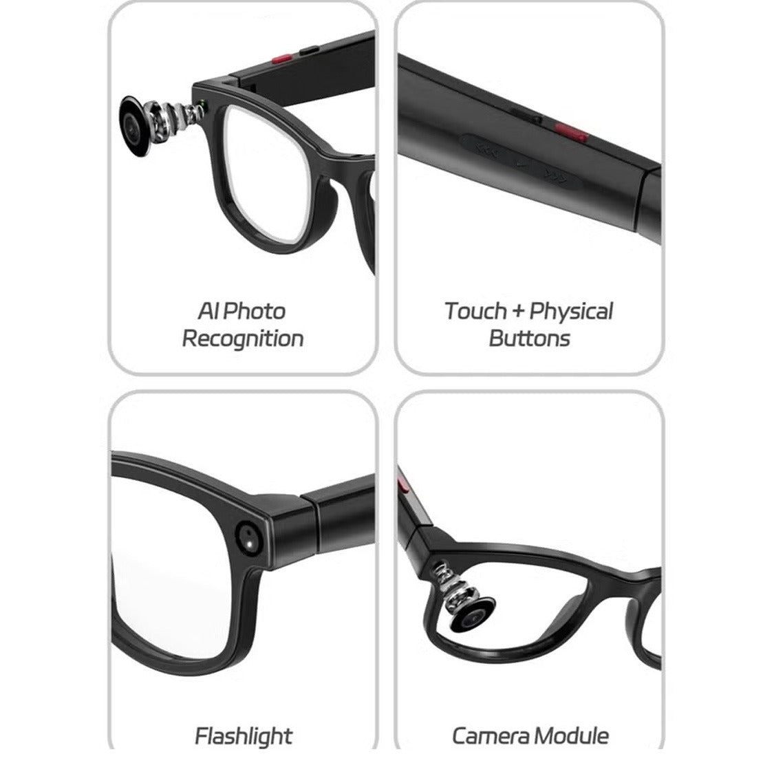 AI Smart Glasses with HD Camera 720P Video Recording Open-Ear Bluetooth Audio AI Image Recognition and Interchangeable Lenses