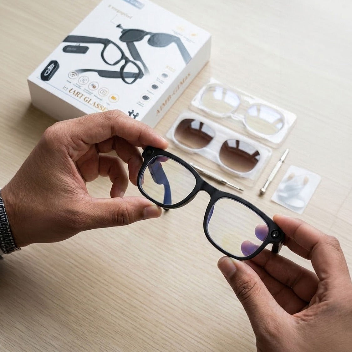 AI Smart Glasses with HD Camera 720P Video Recording Open-Ear Bluetooth Audio AI Image Recognition and Interchangeable Lenses