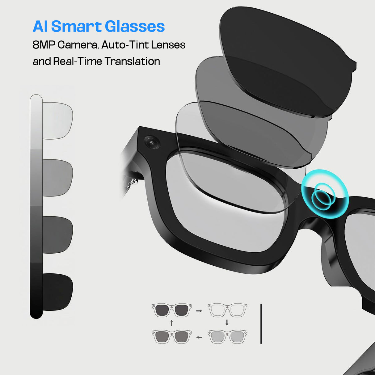 AI Smart Glasses with 8MP Camera G300C, Photography Glass Electrochromic Auto-Tinting Lenses & 32GB Storage, Music  & Translation