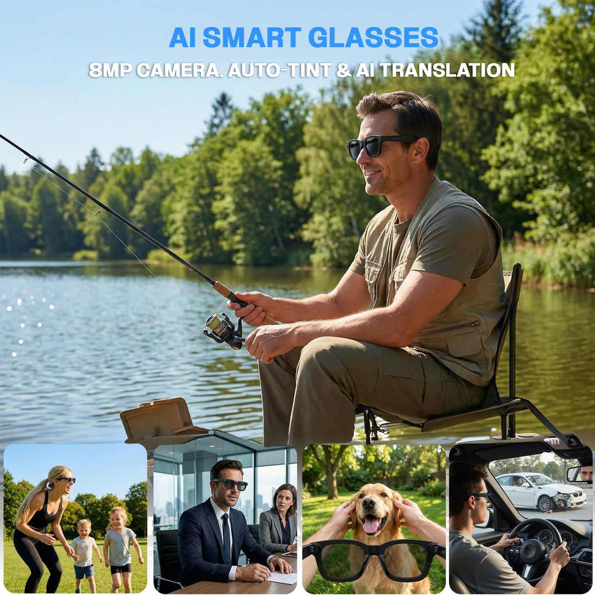 AI Smart Glasses with 8MP Camera G300C, Photography Glass Electrochromic Auto-Tinting Lenses & 32GB Storage, Music  & Translation
