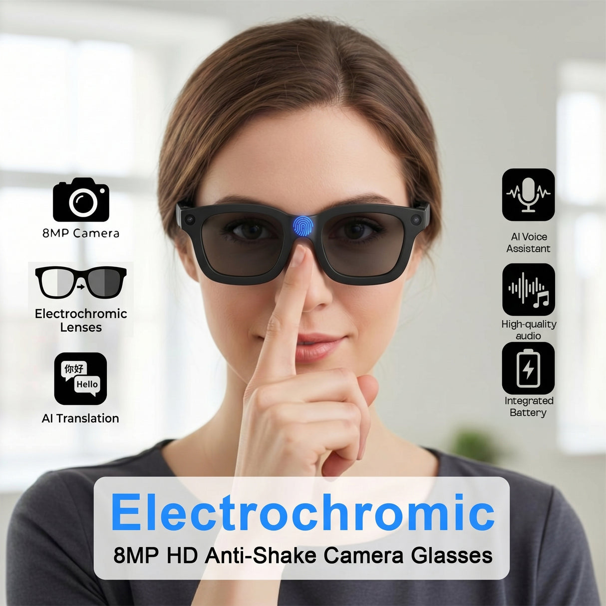 AI Smart Glasses with 8MP Camera G300C, Photography Glass Electrochromic Auto-Tinting Lenses & 32GB Storage, Music  & Translation