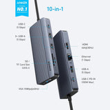 10-in-1 Dual-Display USB-C Hub with 4K@30Hz HDMI, 1080p@60Hz VGA, 100W PD Input and 85W Laptop Charging A83C2 by Anker