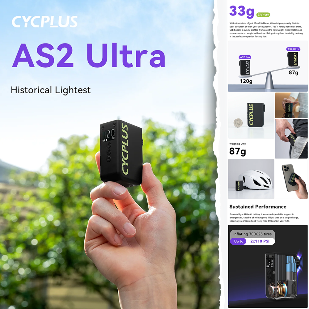 AS2 Ultra Portable 120PSI Bike Pump | Fast, Lightweight Rechargeable Air Inflator for Bikes by CYCPLUS
