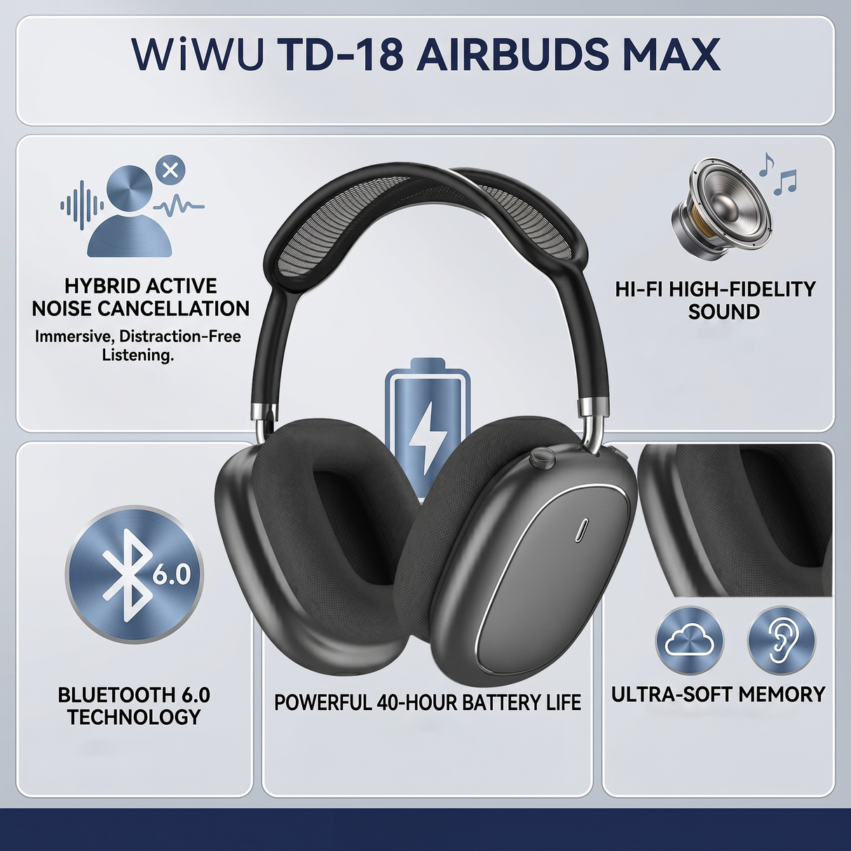 Airbuds Max سماعات رأس مريحة لاسلكية بتقنية بلوتوث مع إلغاء الضوضاء من WiWU