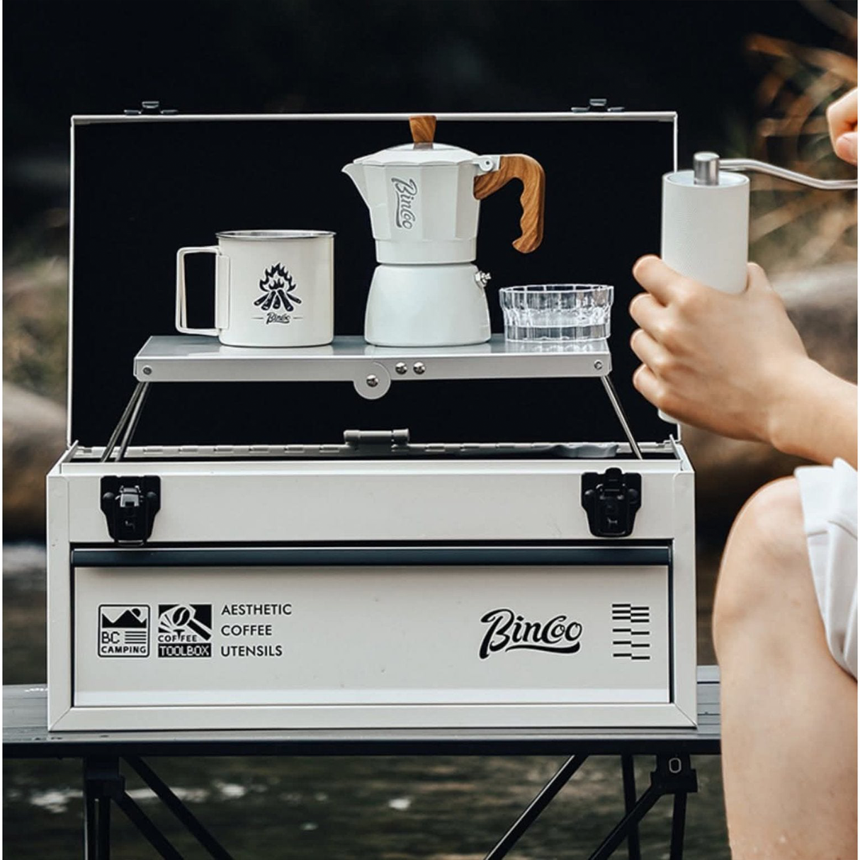 BINCOO 11-Piece Outdoor Coffee Set – Portable Double-Layer Aluminum Box for Espresso