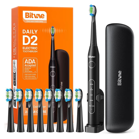 D2 Sonic Electric Toothbrush for Adults by Bitvae, 5 Cleaning Modes, 8 Brush Heads, IPX7 Waterproof with Travel Case black