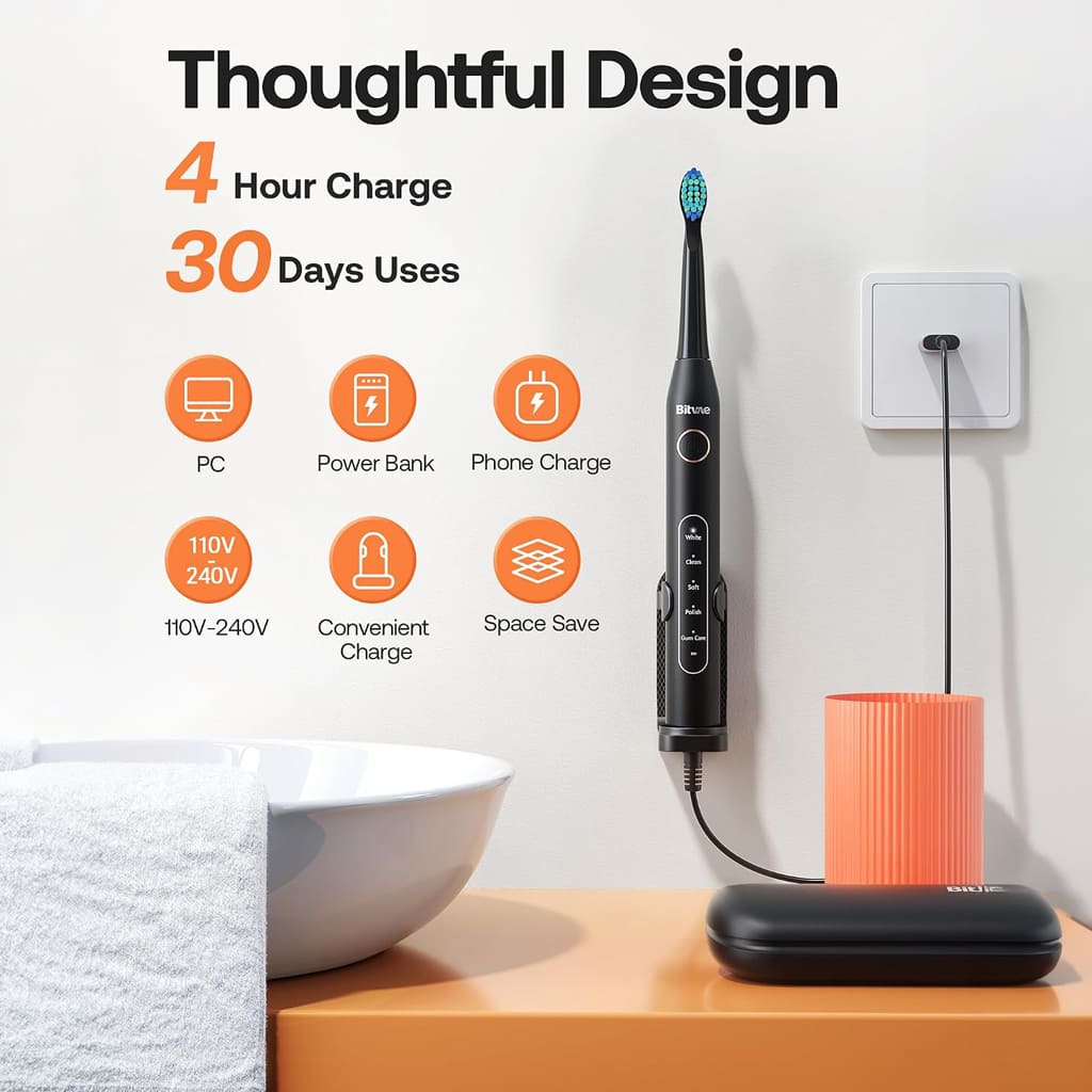 D2 Sonic Electric Toothbrush for Adults by Bitvae, 5 Cleaning Modes, 8 Brush Heads, IPX7 Waterproof with Travel Case